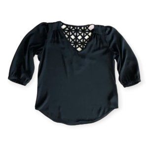 IZ Byer Flowy Black V-neck Strappy Back Blouse 3/4 Sleeves Fancy Top Women’s XS